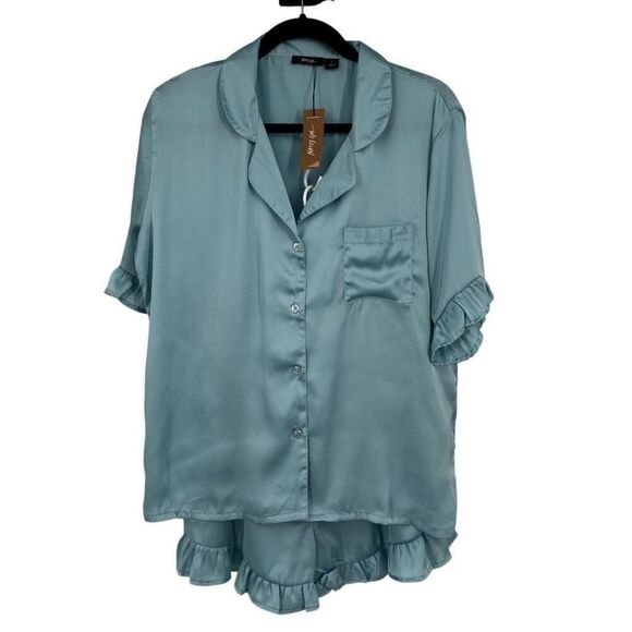 Nasty Gal Satin Ruffle 2 Piece Pajama Shirt And Shorts Set Blue Size Large NWT - Picture 1 of 10